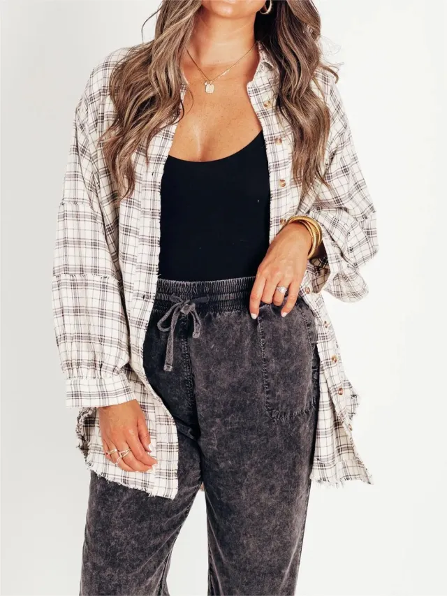 Autumn And Winter New Women's Tassel Long sleeved Top Loose Casual Plaid Shirt Coat Women White - Shop at LoveMi
