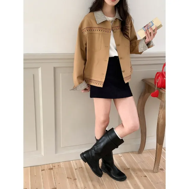 Embroidered Striped Lapel Casual Coat Short Khaki - Shop at LoveMi