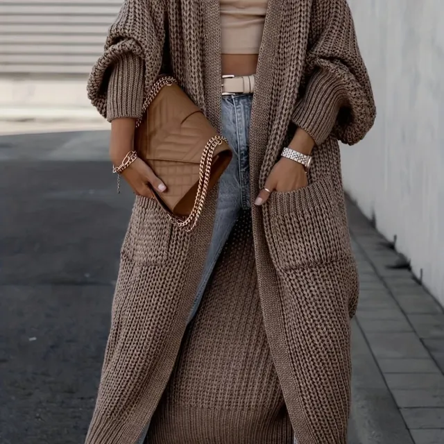 Long Sleeve Long Length Solid Open Front Pocket Cardigan Coffeecolor - Shop at LoveMi