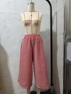 High-waisted Cotton-linen Plaid Wide-leg Pantskirt Loose-fitting Casual Trousers Elegant Style - Red - View 1