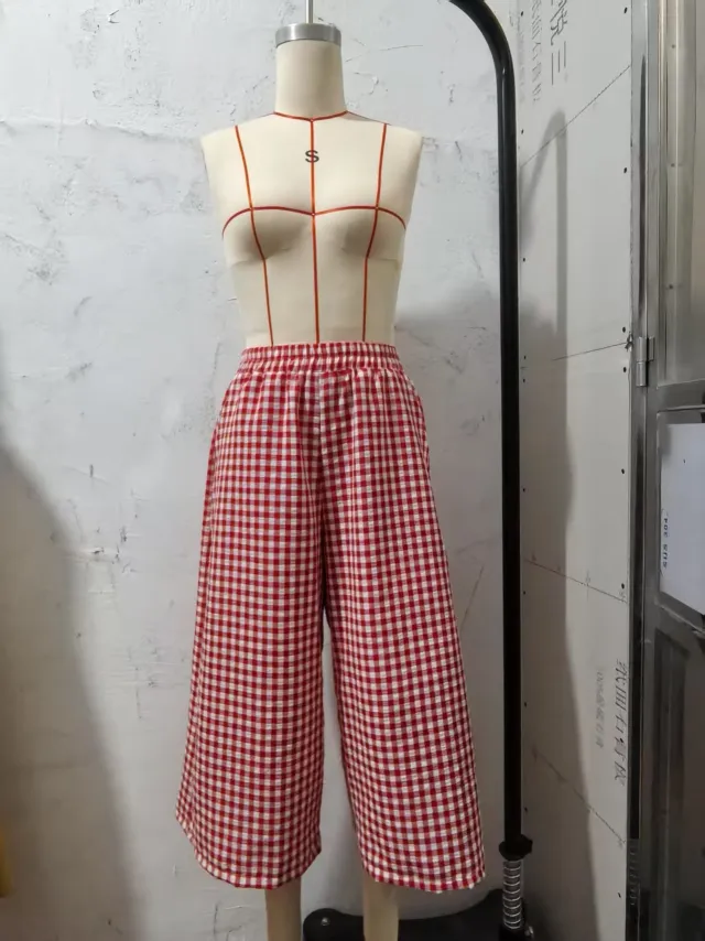 High waisted Cotton linen Plaid Wide leg Pantskirt Loose fitting Casual Trousers Elegant Style Red - Shop at LoveMi