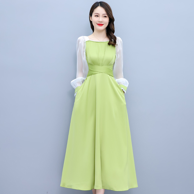 Green Satin Slim Fit Long Dress