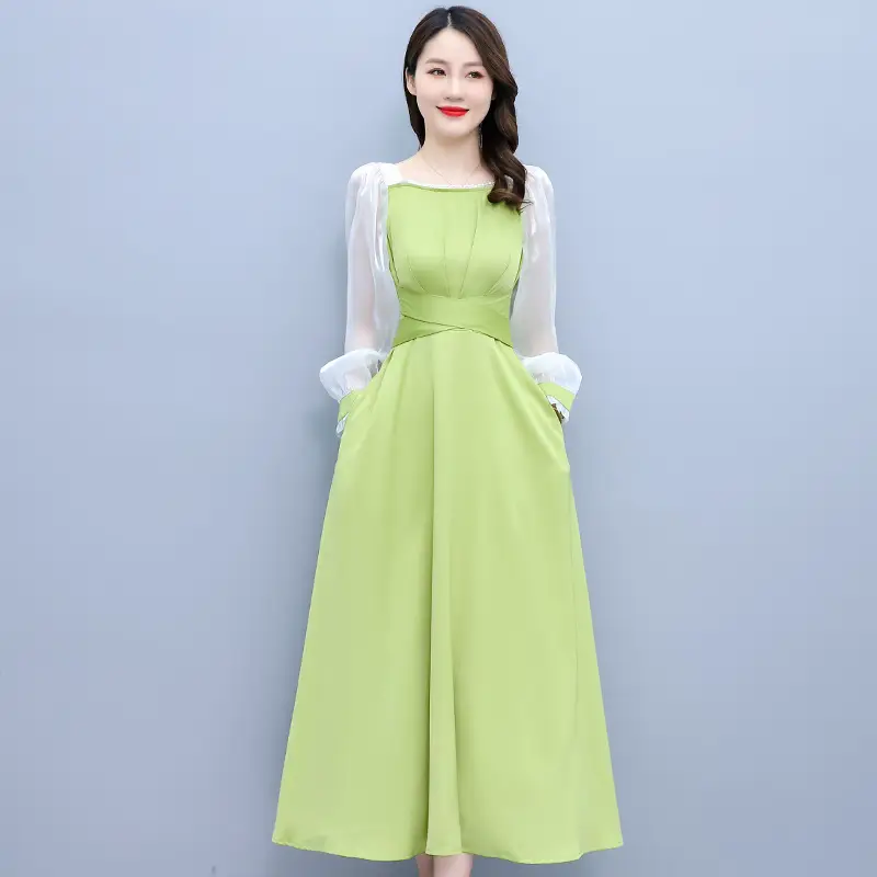 Green Satin Slim Fit Long Dress