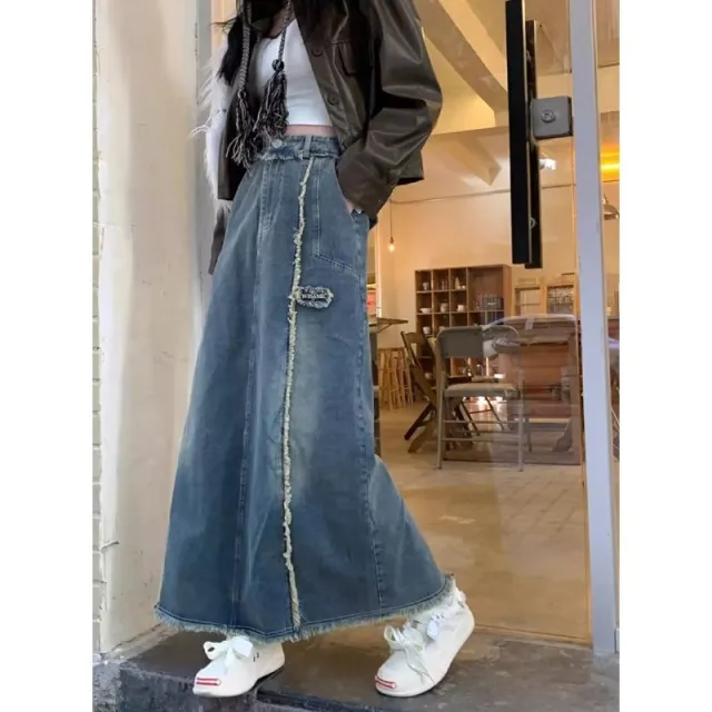 Autumn Design Sense Niche Frayed Retro High Waist Denim Skirt For Women Blue - Shop at LoveMi