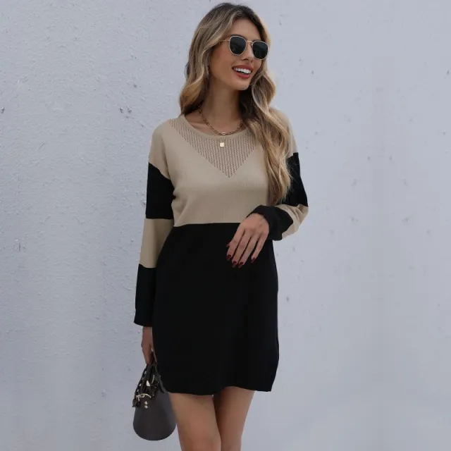 Pullover Round Neck Loose Knitted Stitching Contrast Color Woolen Skirt Khaki - Shop at LoveMi