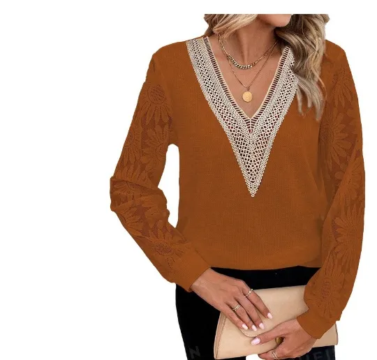 New Autumn Women's Clothing Long Sleeve V neck Stitching Brown - Shop at LoveMi