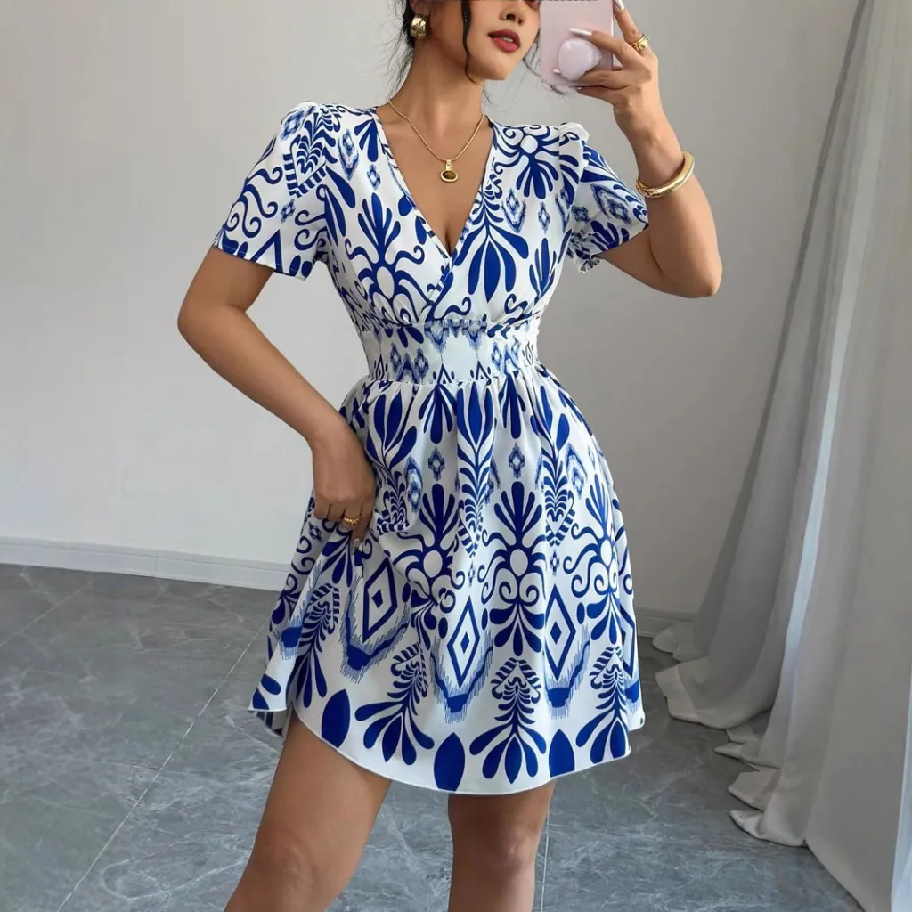 Fashion Printed Fitted Waist Bubble Dress Women - White