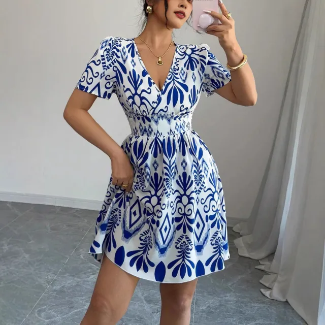 Fashion Printed Fitted Waist Bubble Dress Women White - Shop at LoveMi