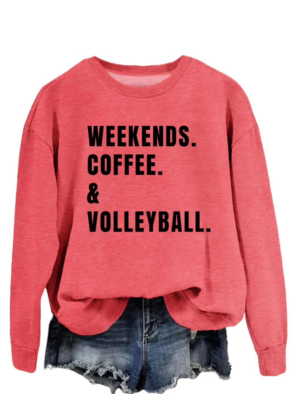 Women's Simple Round Neck Long Sleeve Loose Sweatshirt - Red Sweater Black Font