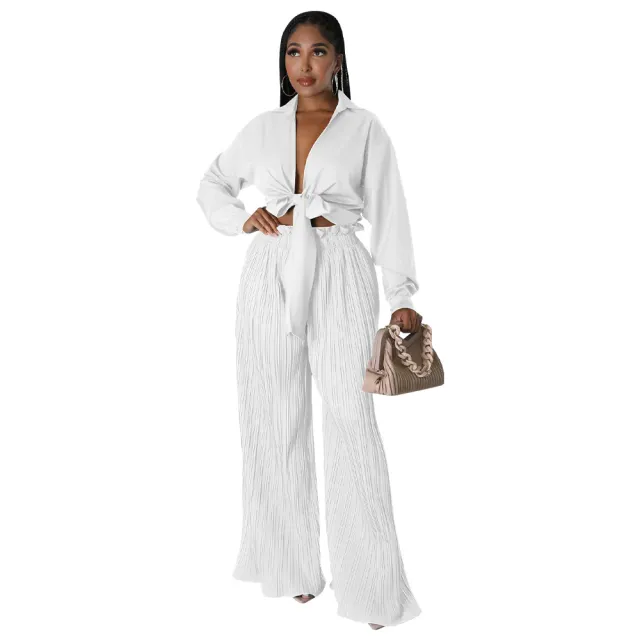 Cross Border Autumn Best selling Women's Long Sleeve V neck Lace up Top Pleated Blouse And Pants White - Shop at LoveMi