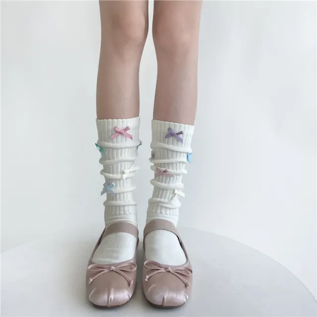 Candy colored Bow Pile Style Calf Socks Women's Handmade Tube Socks Milky White - Shop at LoveMi