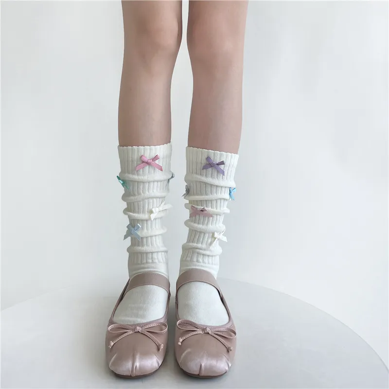 Candy-coloured Bow Pile Style Calf Socks Women's Handmade Tube Socks - Milky White