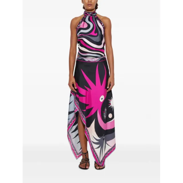 Printed Satin Halter Backless Top Irregular Skirt Two piece Suit Black - Shop at LoveMi
