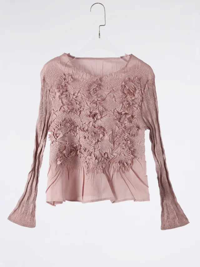 Solid Color Embroidered Long sleeved Top Handmade Pleated Two piece Overskirt Suit Dusty Pink Top - Shop at LoveMi