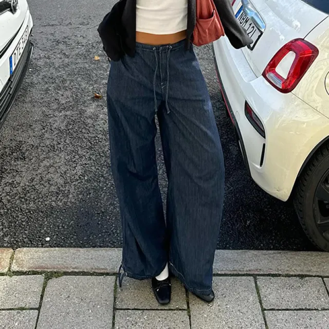 Retro Dark Blue High Waist Lace up Jeans High Street Wide leg Casual Pants Dark Blue - Shop at LoveMi