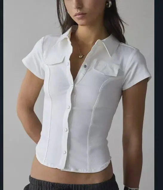 Retro Pleated Waist Tight Design Short sleeved Shirt Top Women's Clothing White - Shop at LoveMi