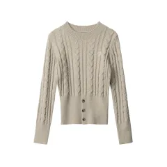 Women's Twist Button Hem Knitted Sweater - Khaki - View 1