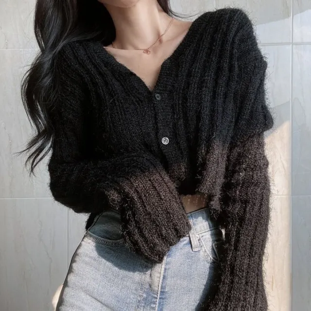 Women's V neck Long Sleeve Knitted Cardigan Short Sweater Black - Shop at LoveMi