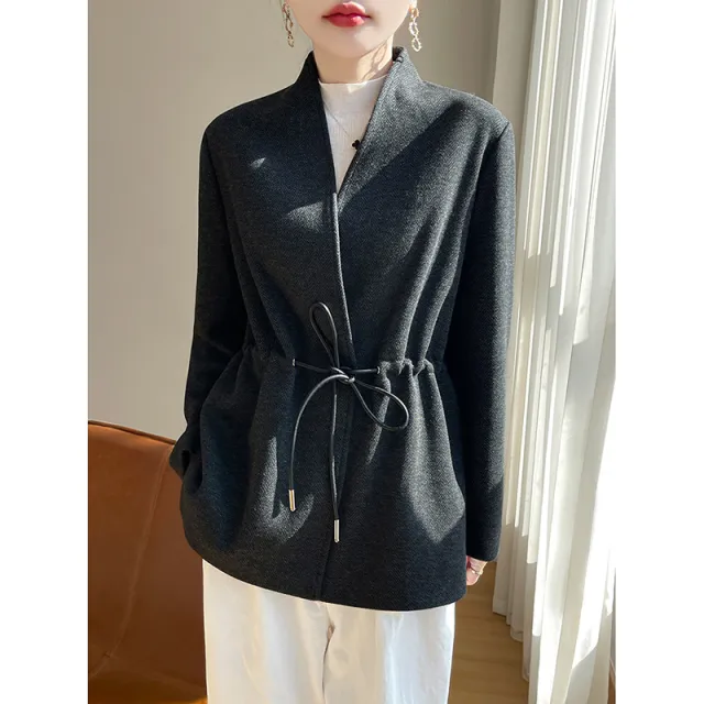 Acetate Cashmere V neck Knitted Small Suit Solid Color Black - Shop at LoveMi
