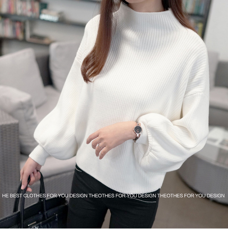 Title 3, Half Turtleneck Lantern Sleeve Sweater Loose Sl...