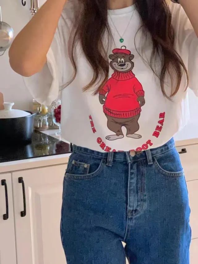 Women's Casual Loose Round Neck Short sleeved Bear Printed T shirt White - Shop at LoveMi
