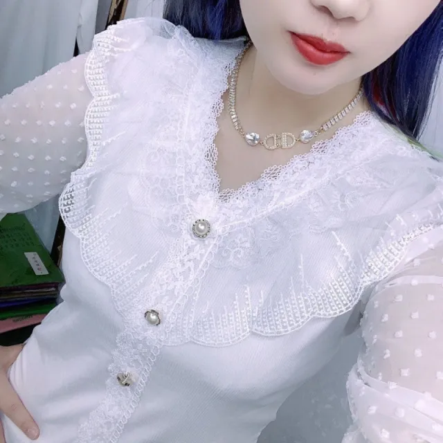 Lace collared Blouse Chiffon Lace Loose Bottoming Slimming Shirt White - Shop at LoveMi