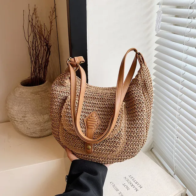 Large Capacity Straw Bag Women's All match One shoulder Crossbody Khaki - Shop at LoveMi