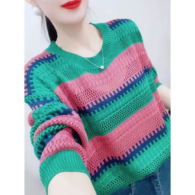 Rainbow Striped Sweater For Women Spring And Autumn Pink - Shop at LoveMi