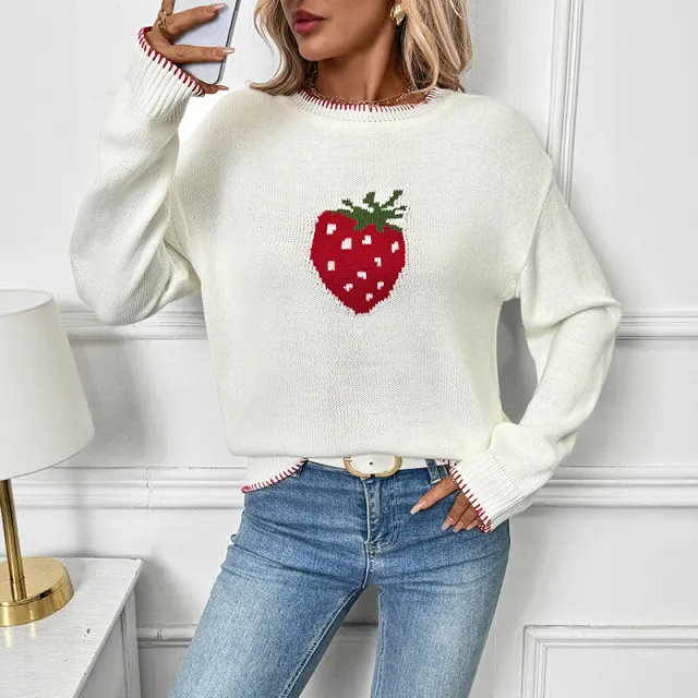 Strawberry Jacquard Sweater Pullover Beige - Shop at LoveMi