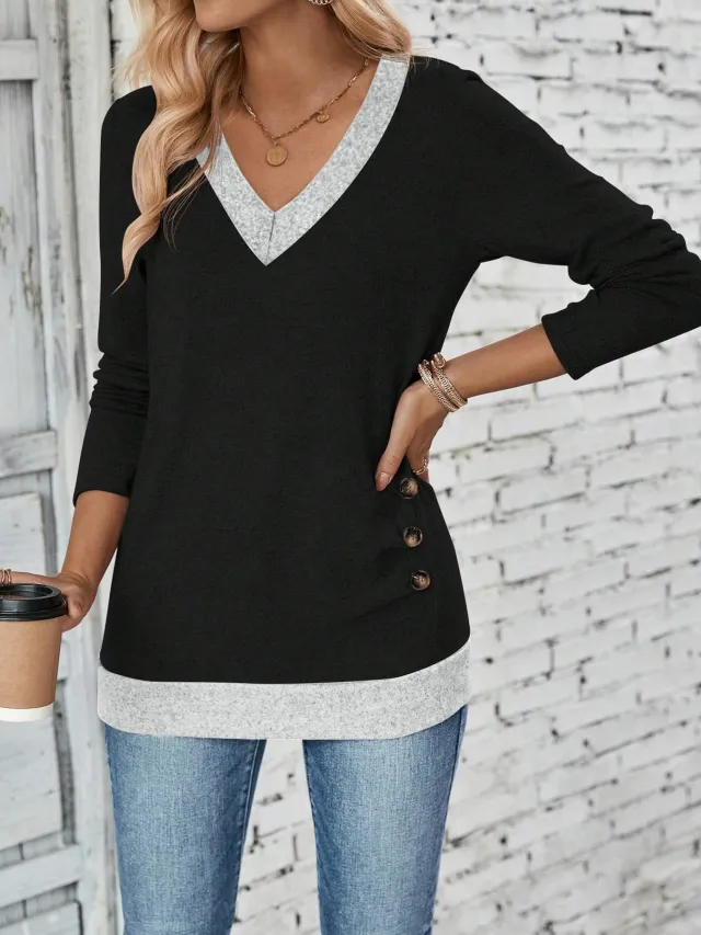 Long Sleeve V neck Elegant Pleated Button Solid Color T shirt Top Black - Shop at LoveMi