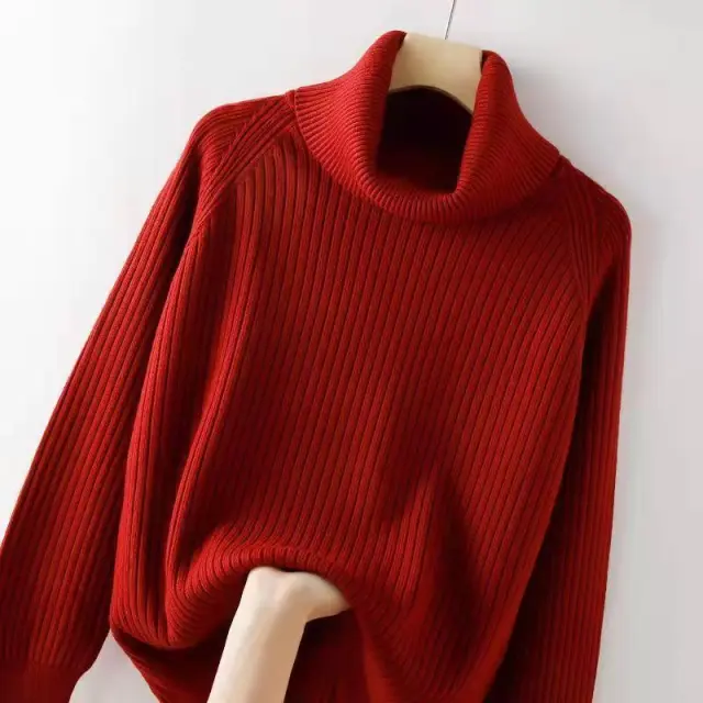 Turtleneck Bottoming Shirt Oversized Knit Sweater Red - Shop at LoveMi