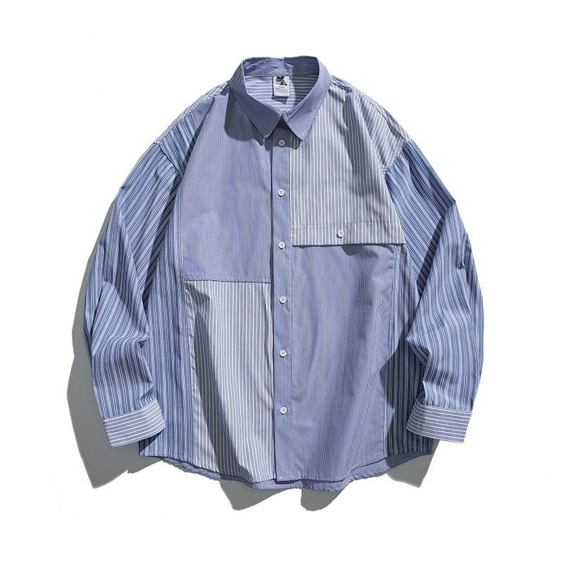 New Japanese Loose Casual Plaid Block Shirt Blue - Shop at LoveMi