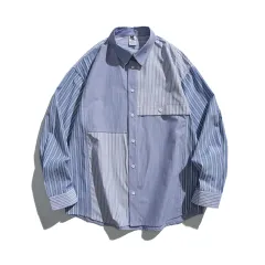 New Japanese Loose Casual Plaid Block Shirt - Blue - View 1