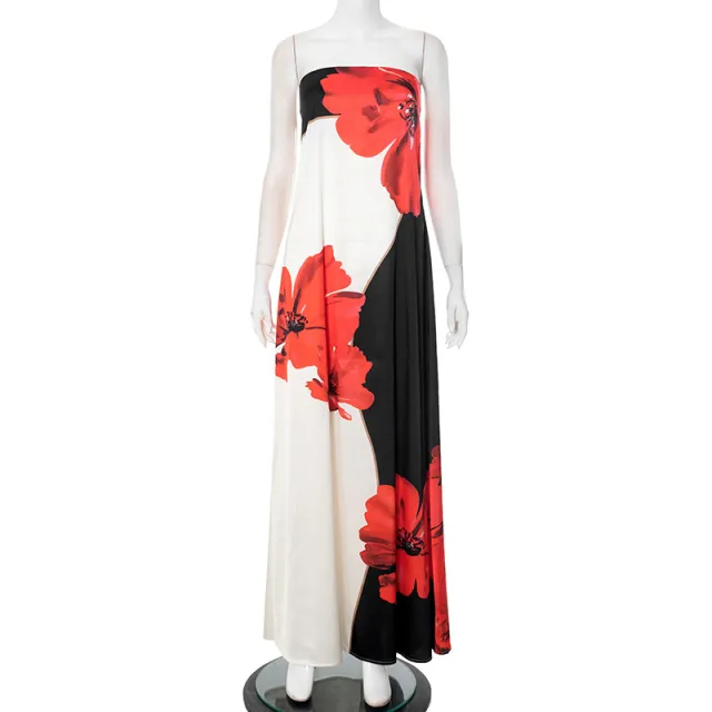 Contrast Color Sleeveless Sexy Print Tube Top Length Dress Red - Shop at LoveMi