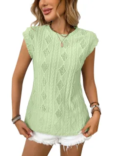 Jacquard Short Sleeve Loose T-shirt Vest For Women - Green - View 1