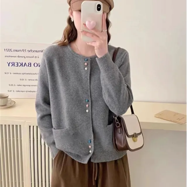 Fashion Loose And Lazy Style Round Neck Knitted Cardigan Top Light Gray - Shop at LoveMi