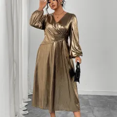 Sexy Temperament Lantern Sleeve High Waist Slim Dress - Gold - View 1