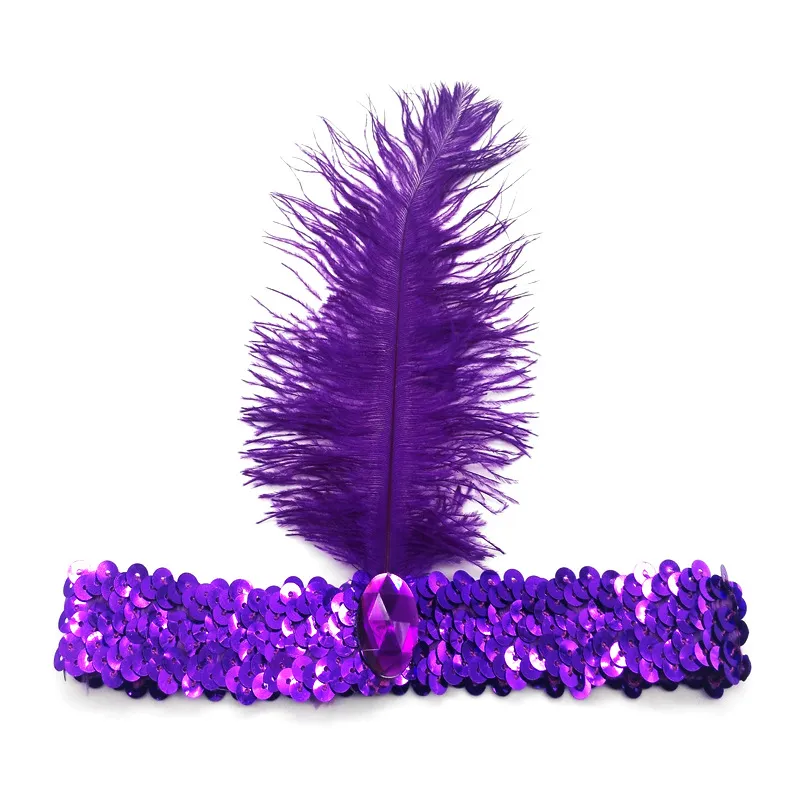 Ostrich Hair Sequined Diamonds Headband - Indian Feather Headwear Purple