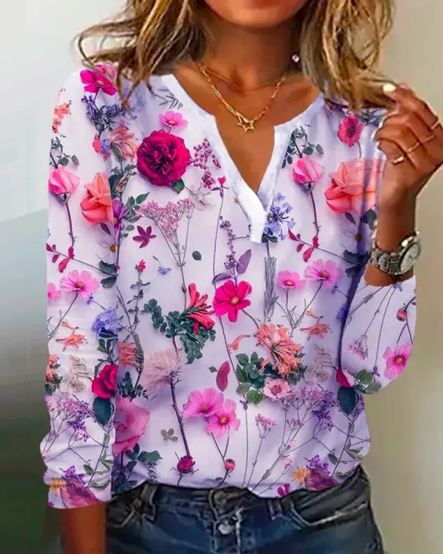 Women's Printed V neck Long sleeved T shirt Top Purple - Shop at LoveMi