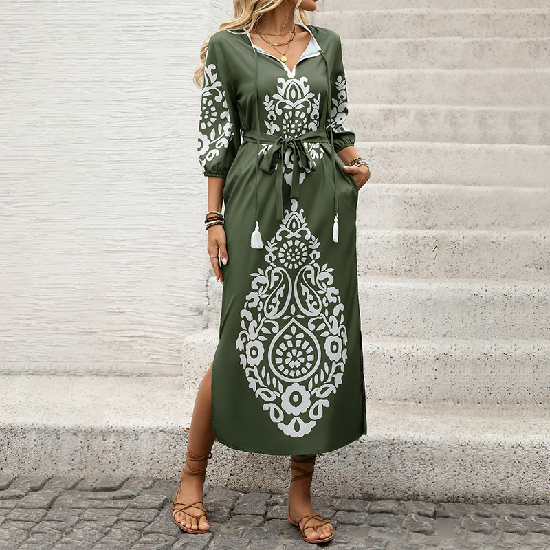 Casual Vacation Personalized Retro Ethnic Style Split Dress Green - Shop at LoveMi