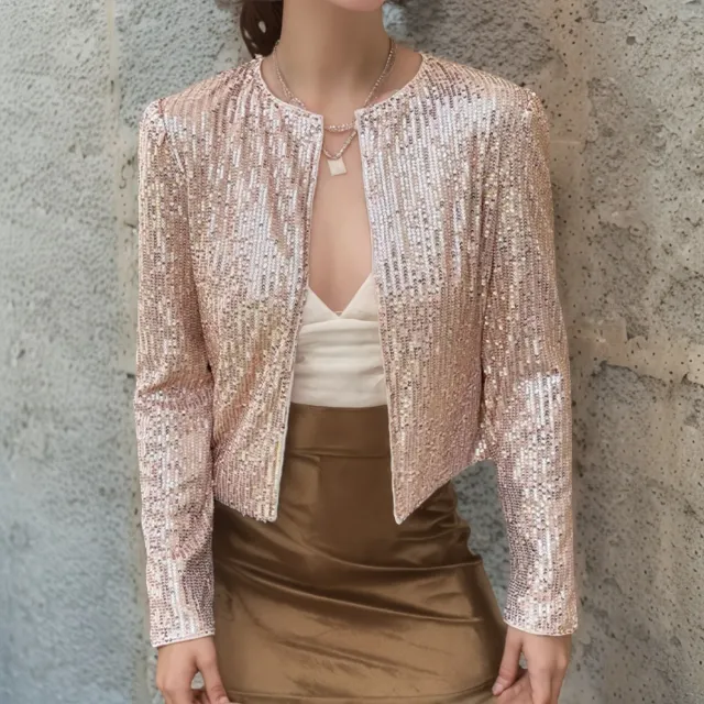 Crew neck Long sleeve Solid color Cardigan Casual Sequin Jacket Rose Gold - Shop at LoveMi