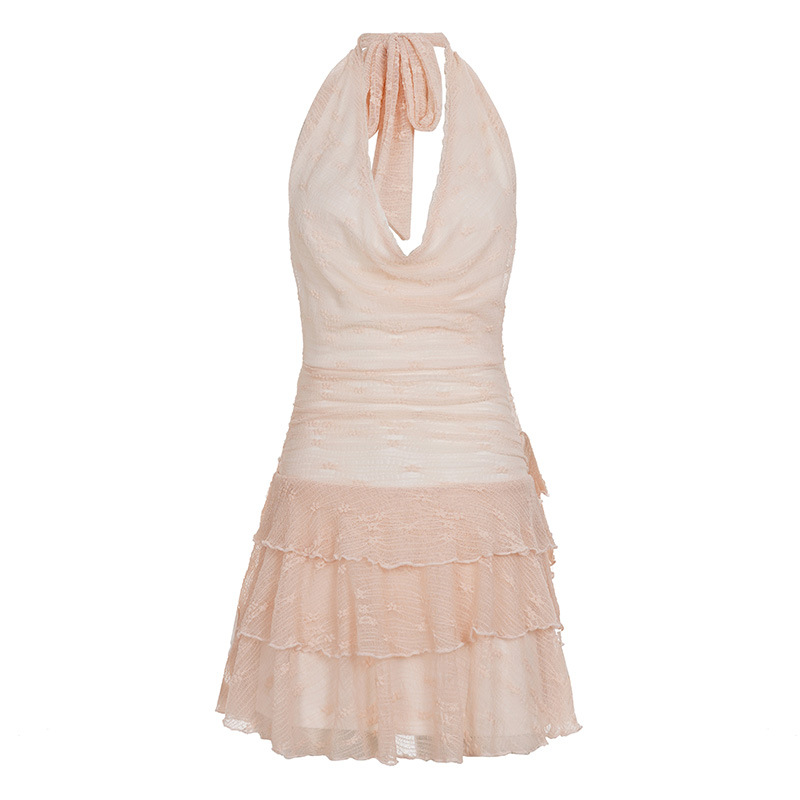 Lace embellished Backless Pleated Dress Vacation style Light Pink - Shop at LoveMi