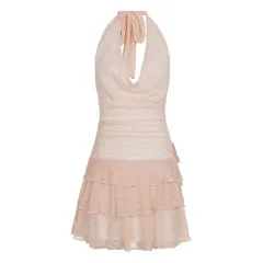 Lace-embellished Backless Pleated Dress Vacation-style - Light Pink - View 1