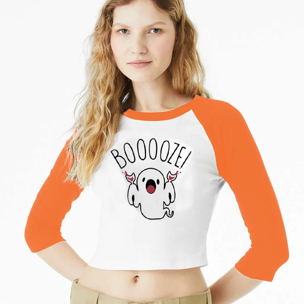 Women's Top Offset Printing Contrast Color Slim Fit Long Sleeve - Orange H
