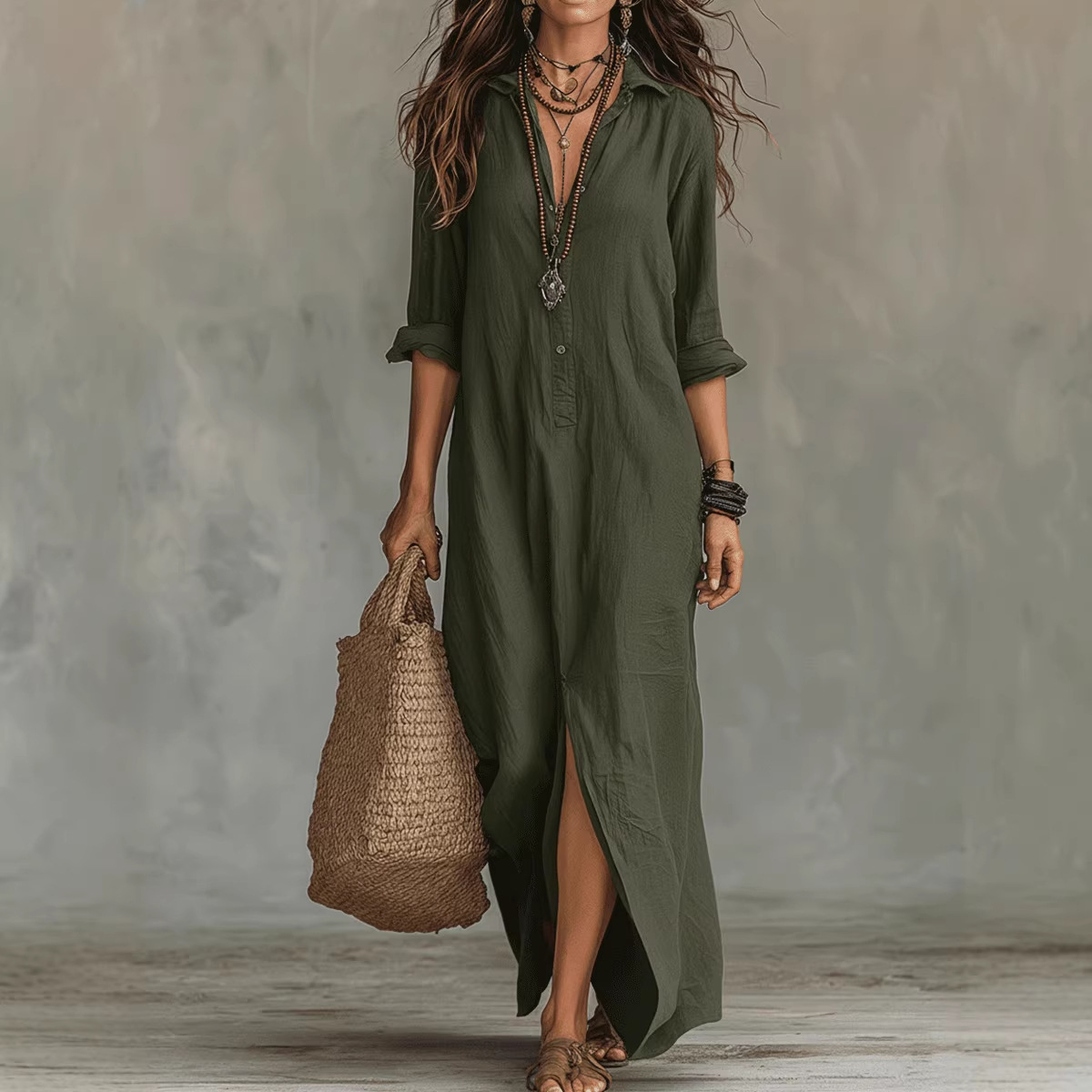 Casual Solid-color Lapel-front Slit Maxi Dress
