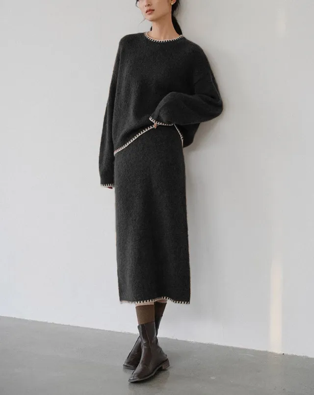 Round Neck Contrasting Edge Knitted Skirt Set Black - Shop at LoveMi