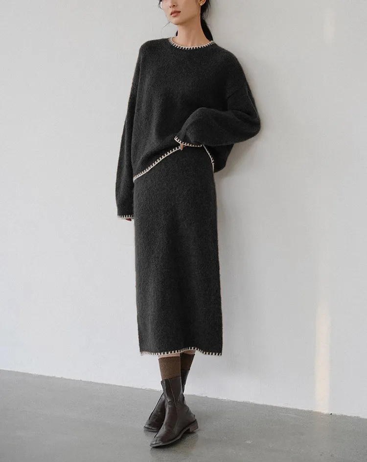 Round Neck Contrasting Edge Knitted Skirt Set - Black