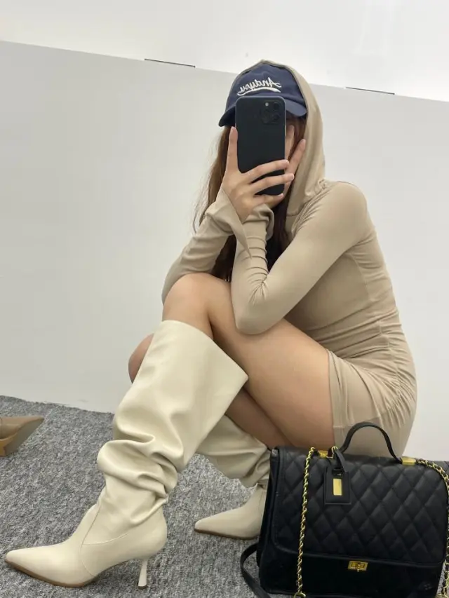 New Big Tube Circumference Pointed Toe Skinny Stilettos Pile Style Boots Beige - Shop at LoveMi