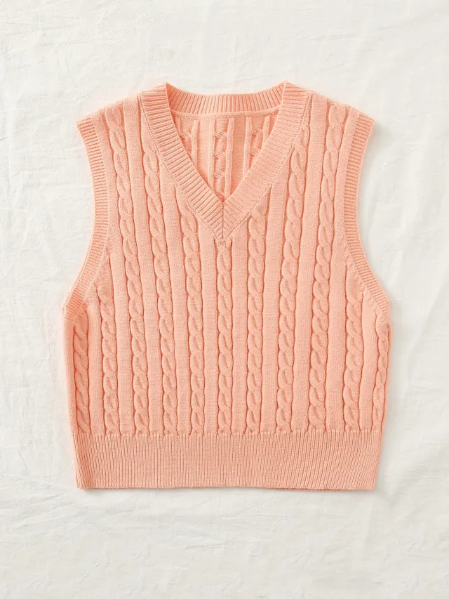 SpringSummer Knitted Cabled Vest Pullover With V Neck Champagne Xl - Shop at LoveMi