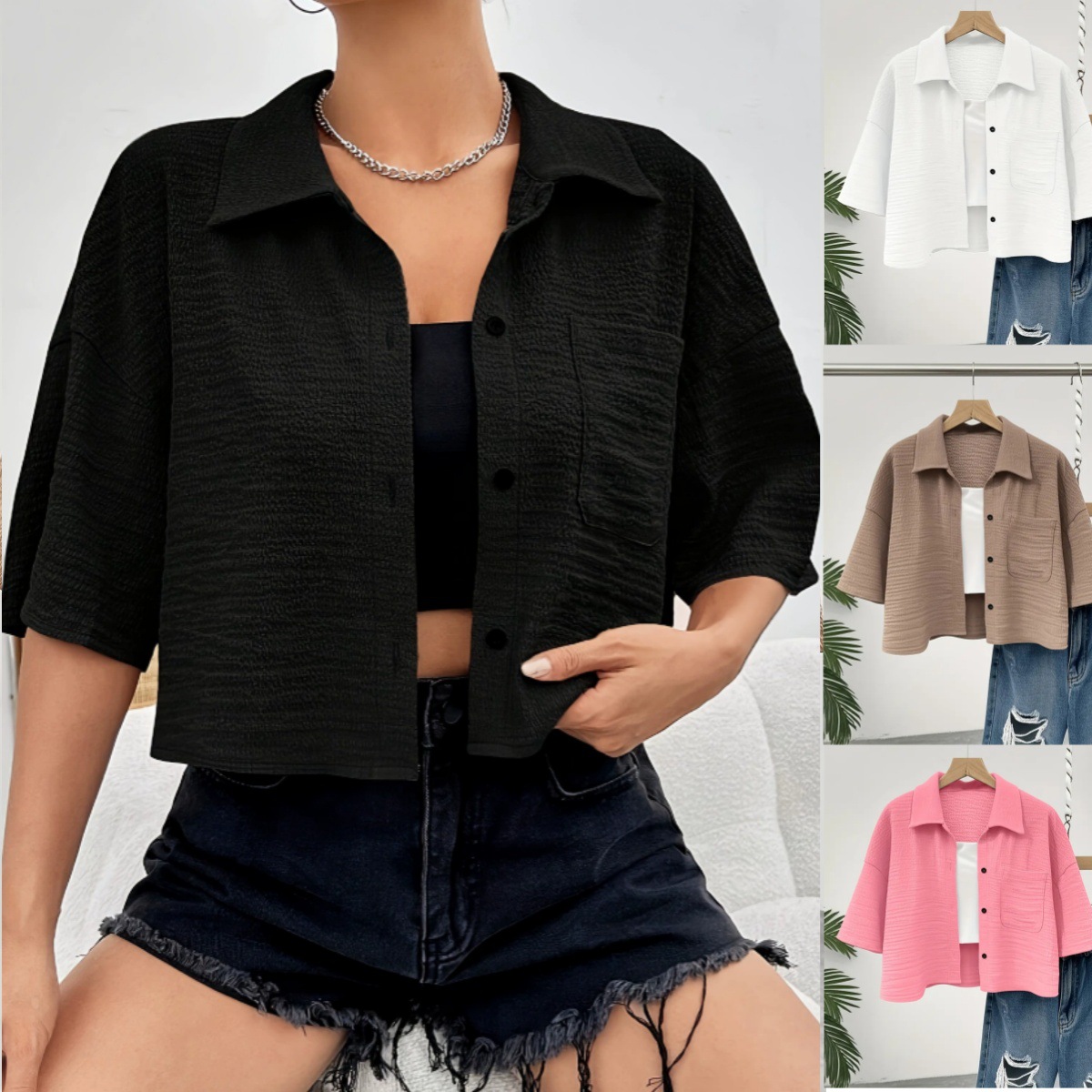 Solid-color Buttoned-pocket Cropped Blouse For Women